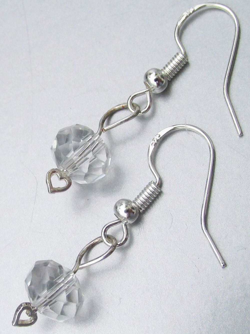 Handmade Sterling Silver HEART & Faceted Round Crystal Bead Dangle Earrings